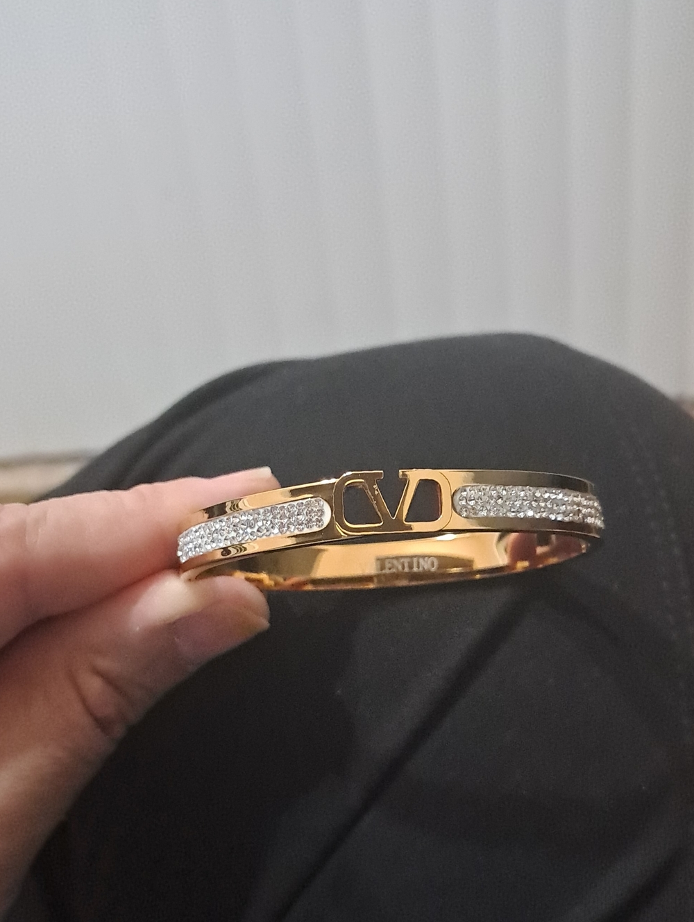 Fashion Jewelry Gold-tone Logo Crystal Accent Bangle Bracelet - Picture 2 of 2